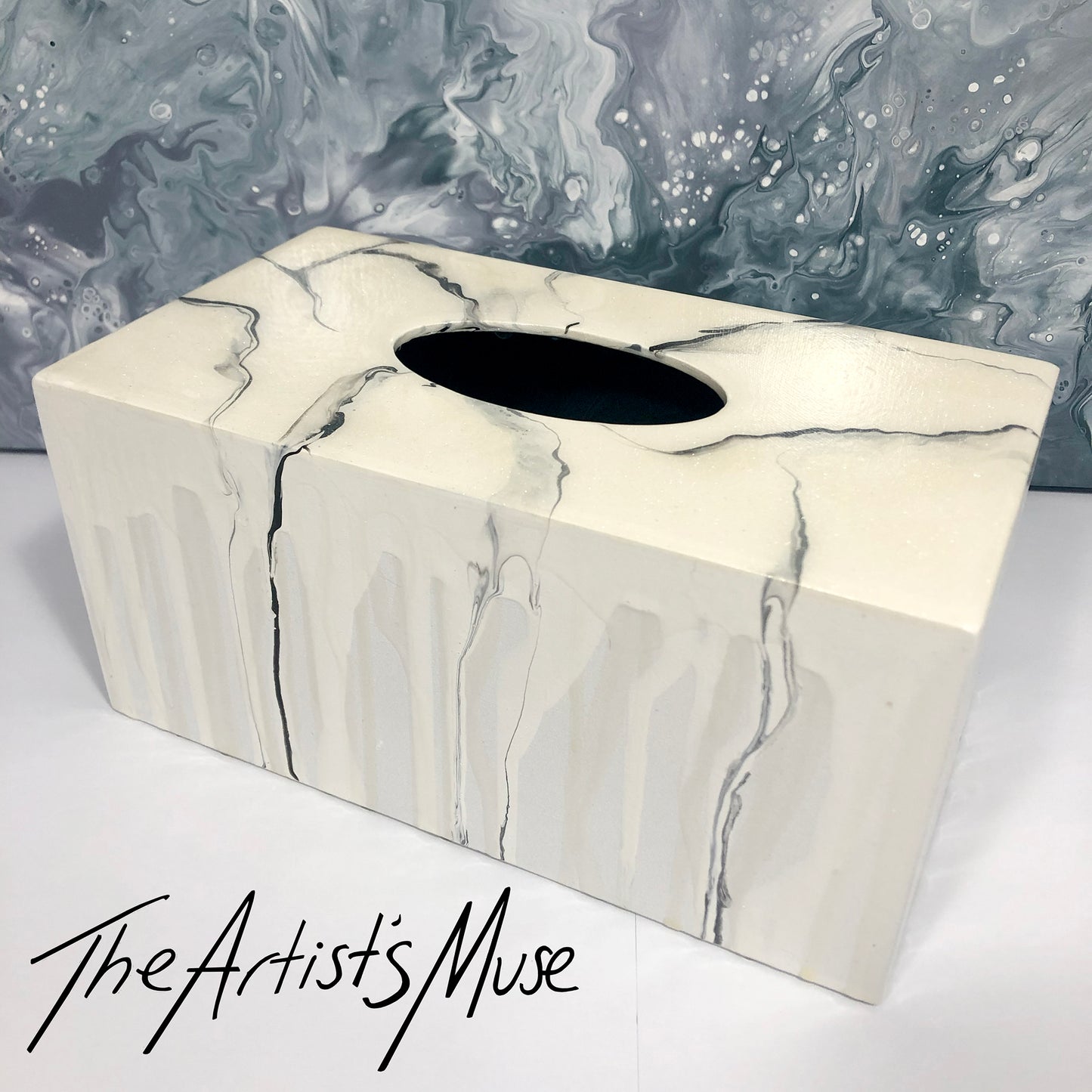 Tissue Box Cover- Warm white pearl with black marble (SOLD)