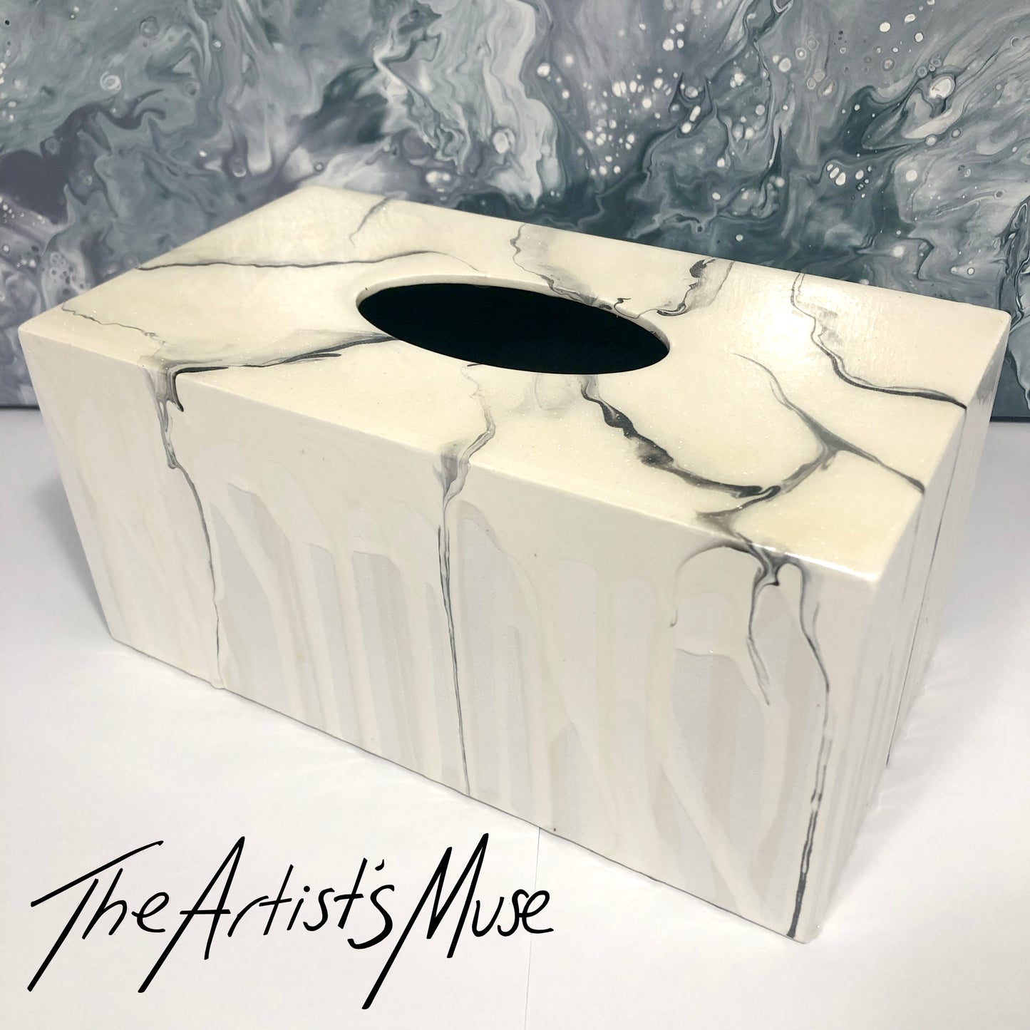 Tissue Box Cover- Warm white pearl with black marble (SOLD)