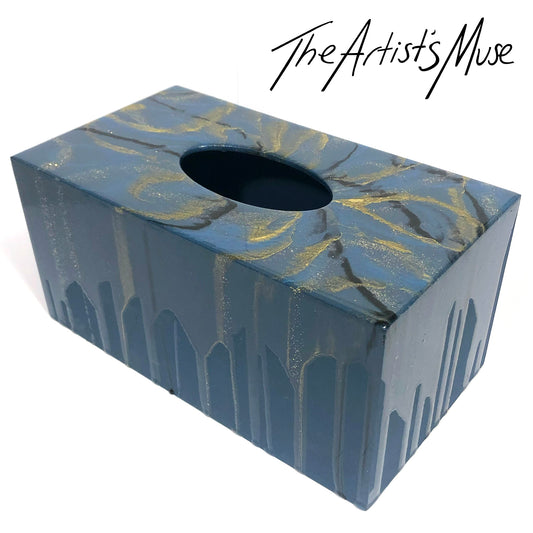 Tissue Box Cover- French Blue, black and gold metallic