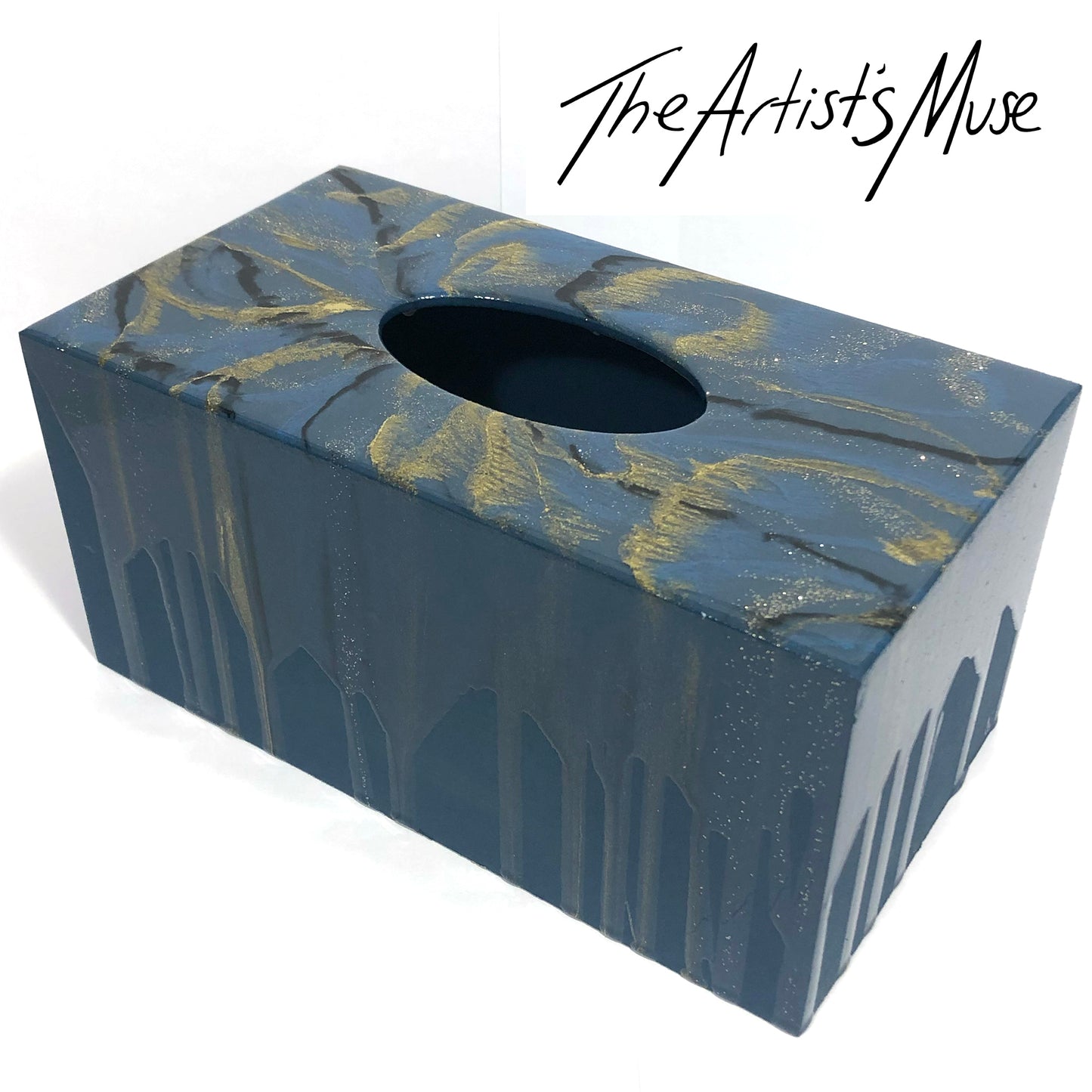 Tissue Box Cover- French Blue, black and gold metallic