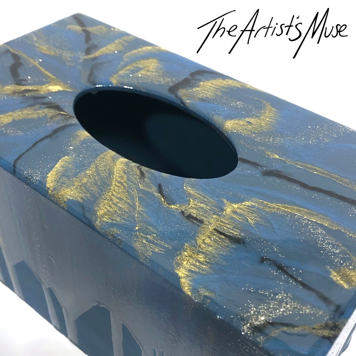 Tissue Box Cover- French Blue, black and gold metallic