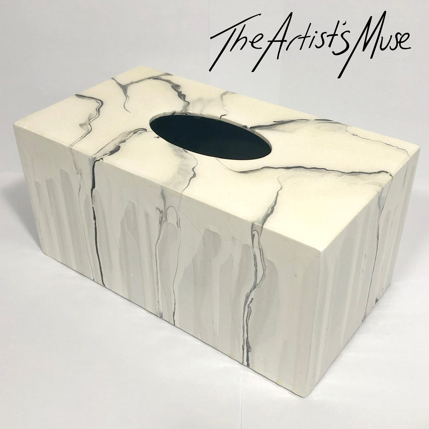 Tissue Box Cover- Warm white pearl with black marble- SOLD