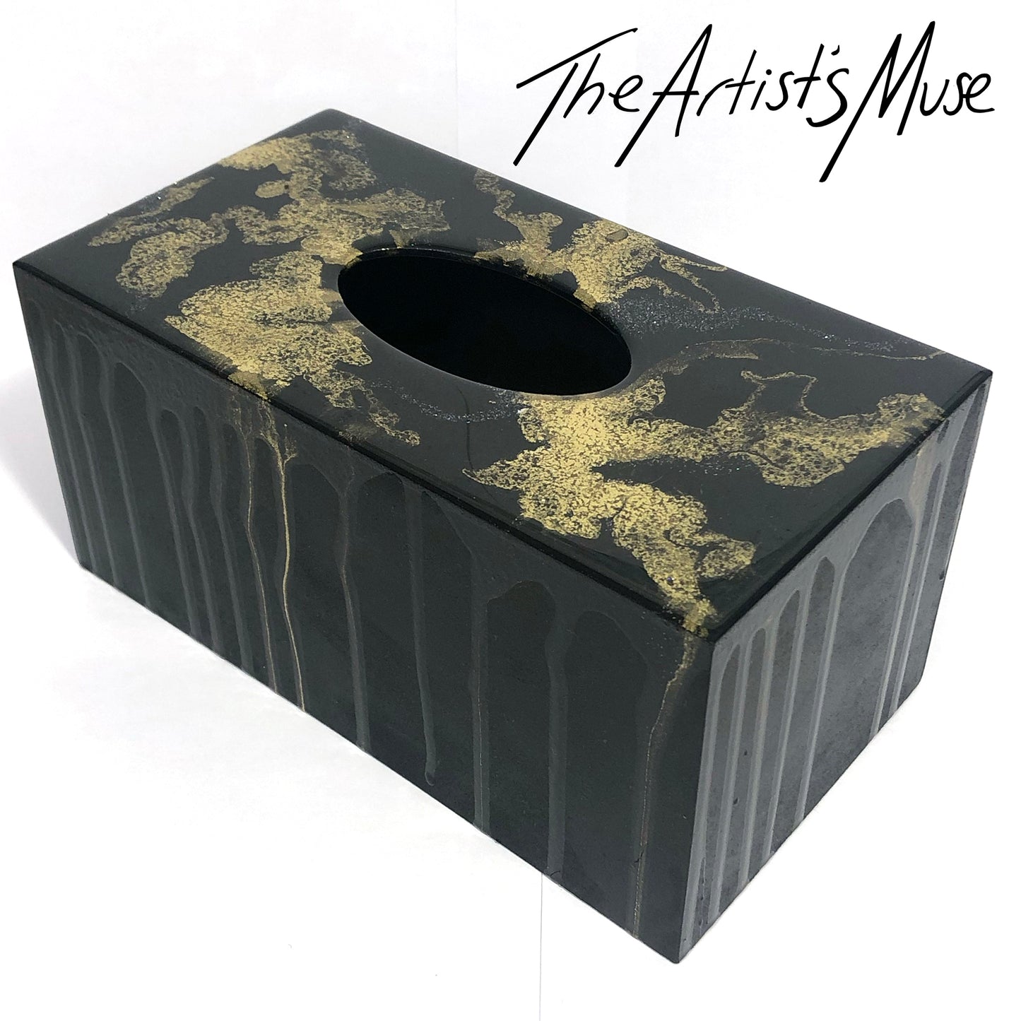 Tissue Box Cover- Black with gold metallic