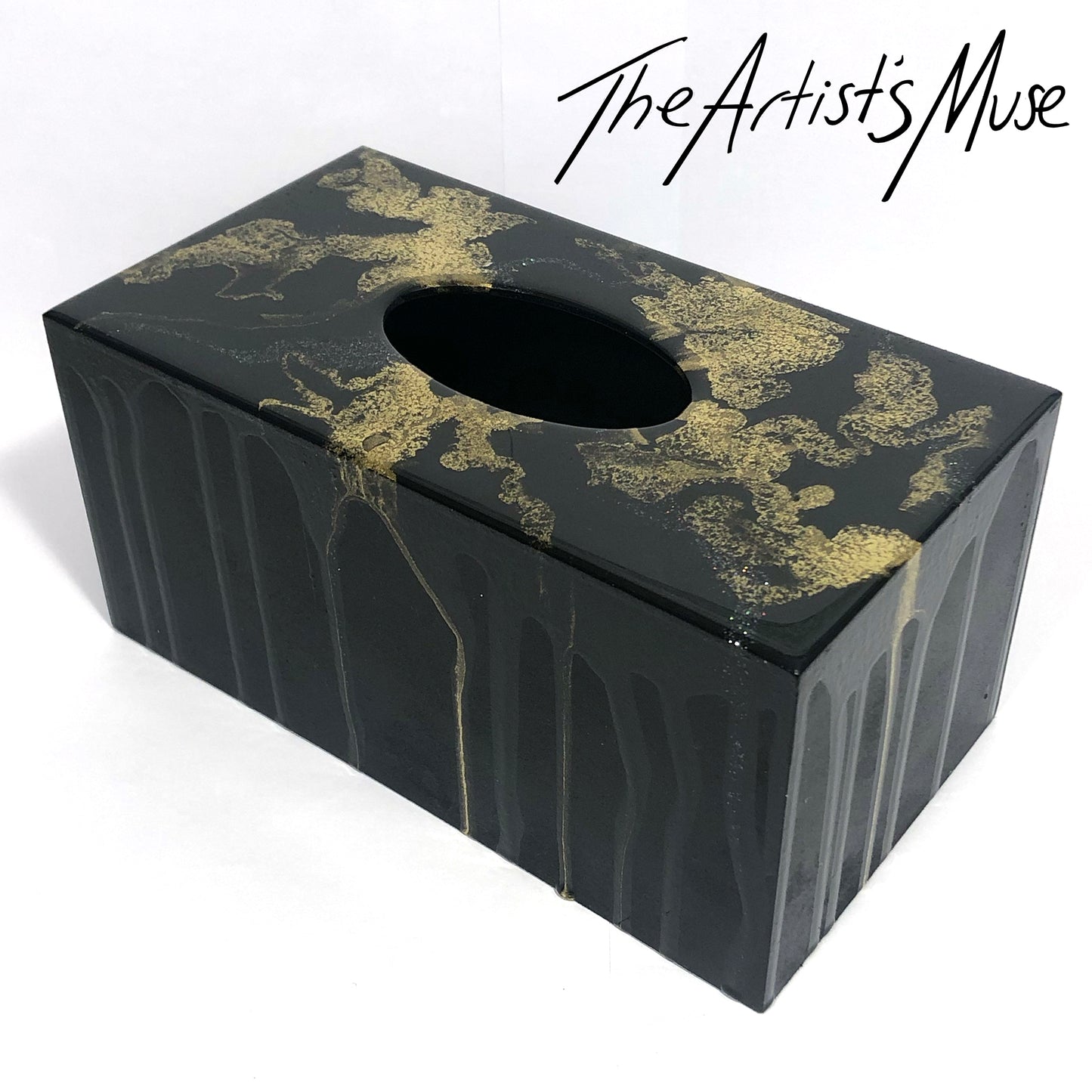 Tissue Box Cover- Black with gold metallic