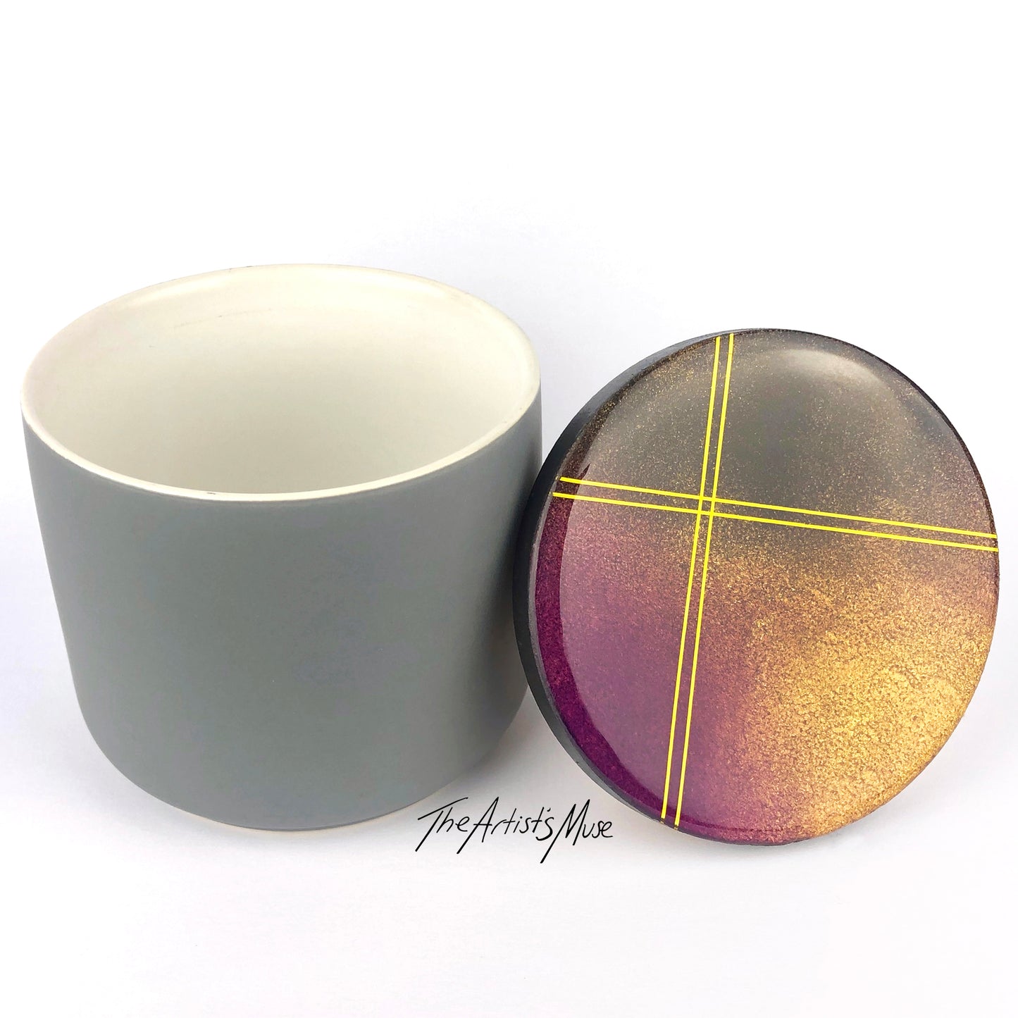 Small Jar- Grey Jar with charcoal, gold and plum lid