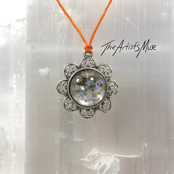 Pendant Necklace- Gold glitter and holographic stars resin with glass dome finish