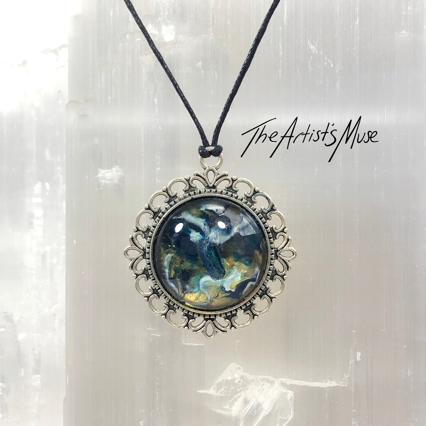 Resin Pendant Necklace- Navy blue, gold and white design with glass dome finish