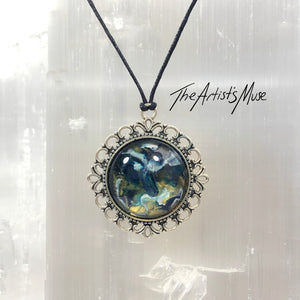 Resin Pendant Necklace- Navy blue, gold and white design with glass dome finish