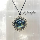 Resin Pendant Necklace- Navy blue, gold and white design with glass dome finish