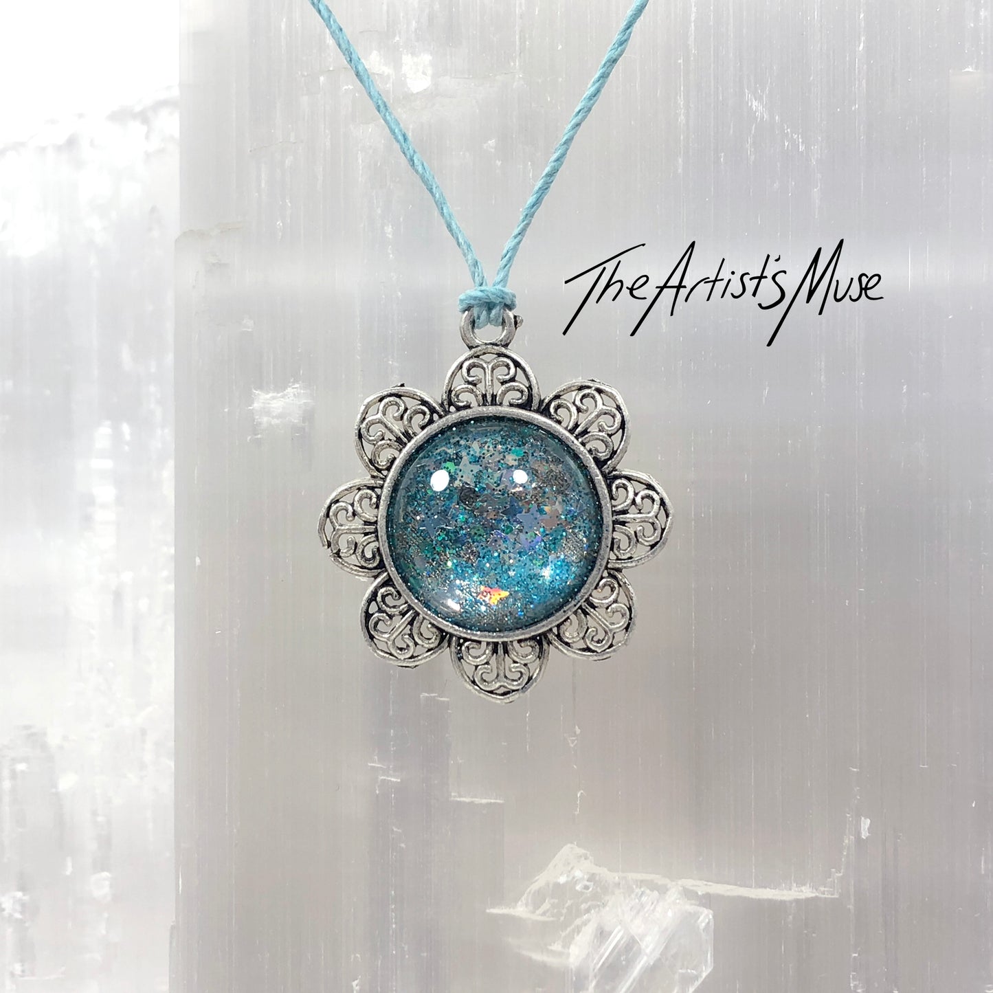 Pendant Necklace- blue and silver glitter and holographic stars resin with glass dome finish