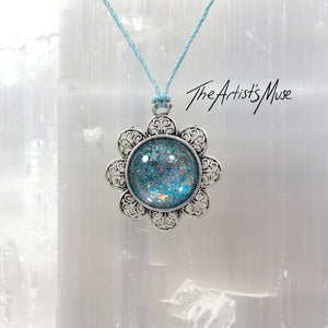 Pendant Necklace- blue and silver glitter and holographic stars resin with glass dome finish