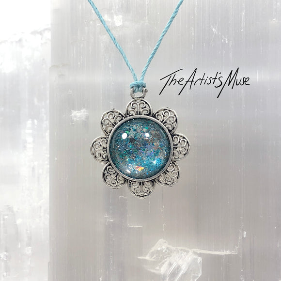 Pendant Necklace- blue and silver glitter and holographic stars resin with glass dome finish