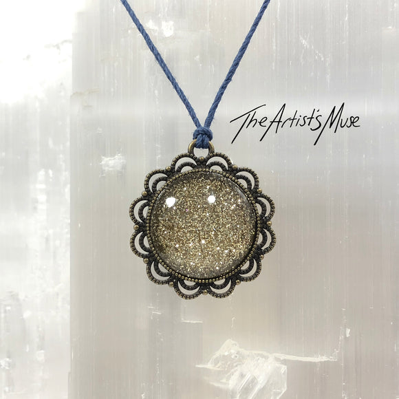 Pendant Necklace- Champagne gold glitter resin with glass dome finish