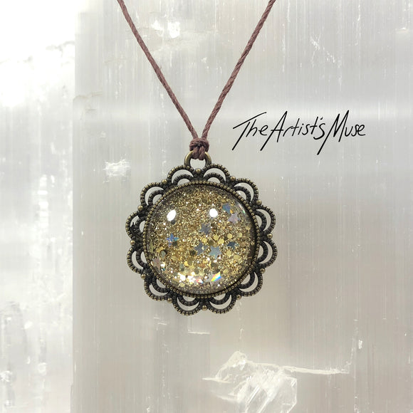 Pendant Necklace- Gold and holographic silver stars glitter Resin glitter with glass dome finish