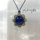 Pendant Necklace- royal blue glitter resin with glass dome finish