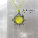 Pendant Necklace- holographic yellow glitter resin with glass dome finish