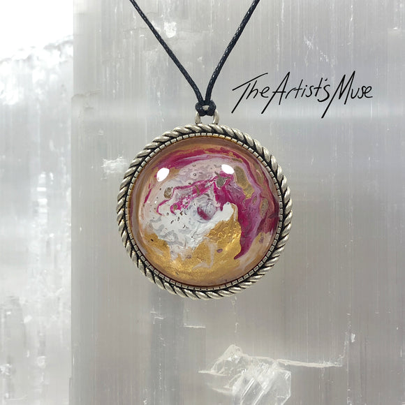 Pendant Necklace- gold white and pink design with glass dome finish