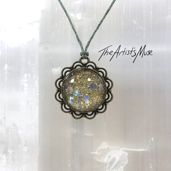 Pendant Necklace- gold glitter and holographic stars with glass dome finish