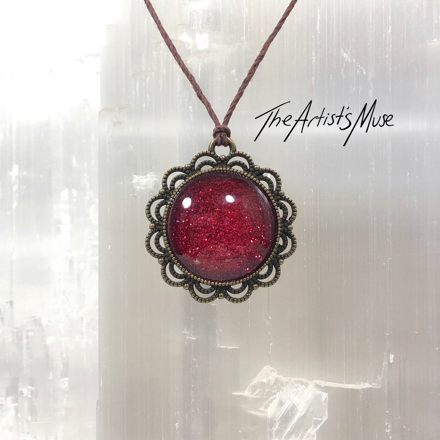 Pendant Necklace- Deep red glitter resin with glass dome finish
