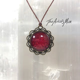 Pendant Necklace- Deep red glitter resin with glass dome finish