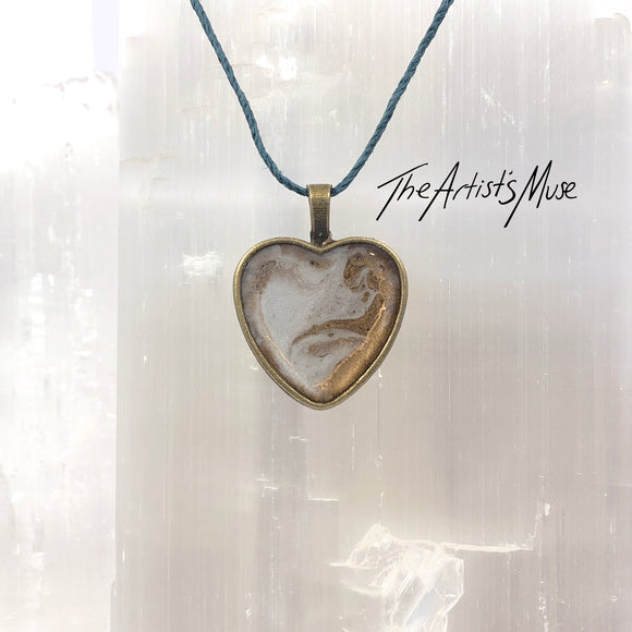 Resin Pendant Necklace- Bronze and pearl white resin design