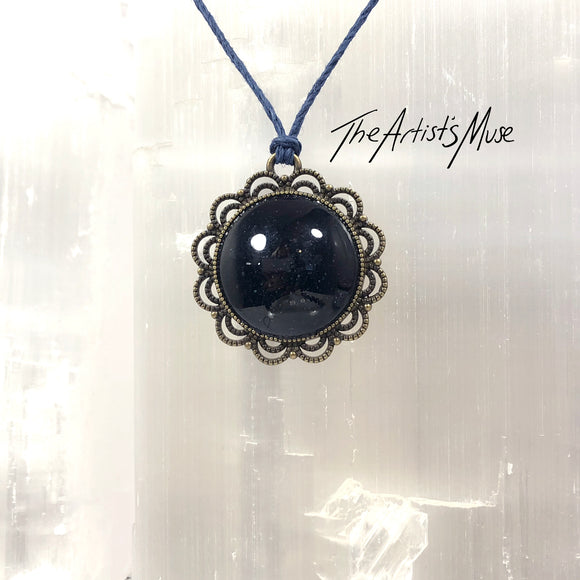 Pendant Necklace- Black glitter resin with glass dome finish
