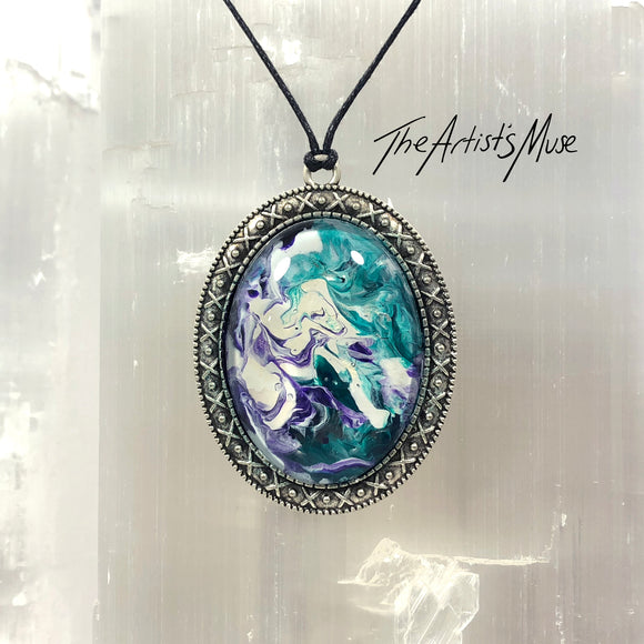 Pendant Necklace- Turquoise, purple and white design with glass dome finish