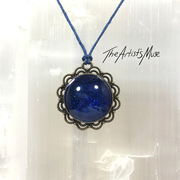 Pendant Necklace- Midnight blue glitter resin with glass dome finish
