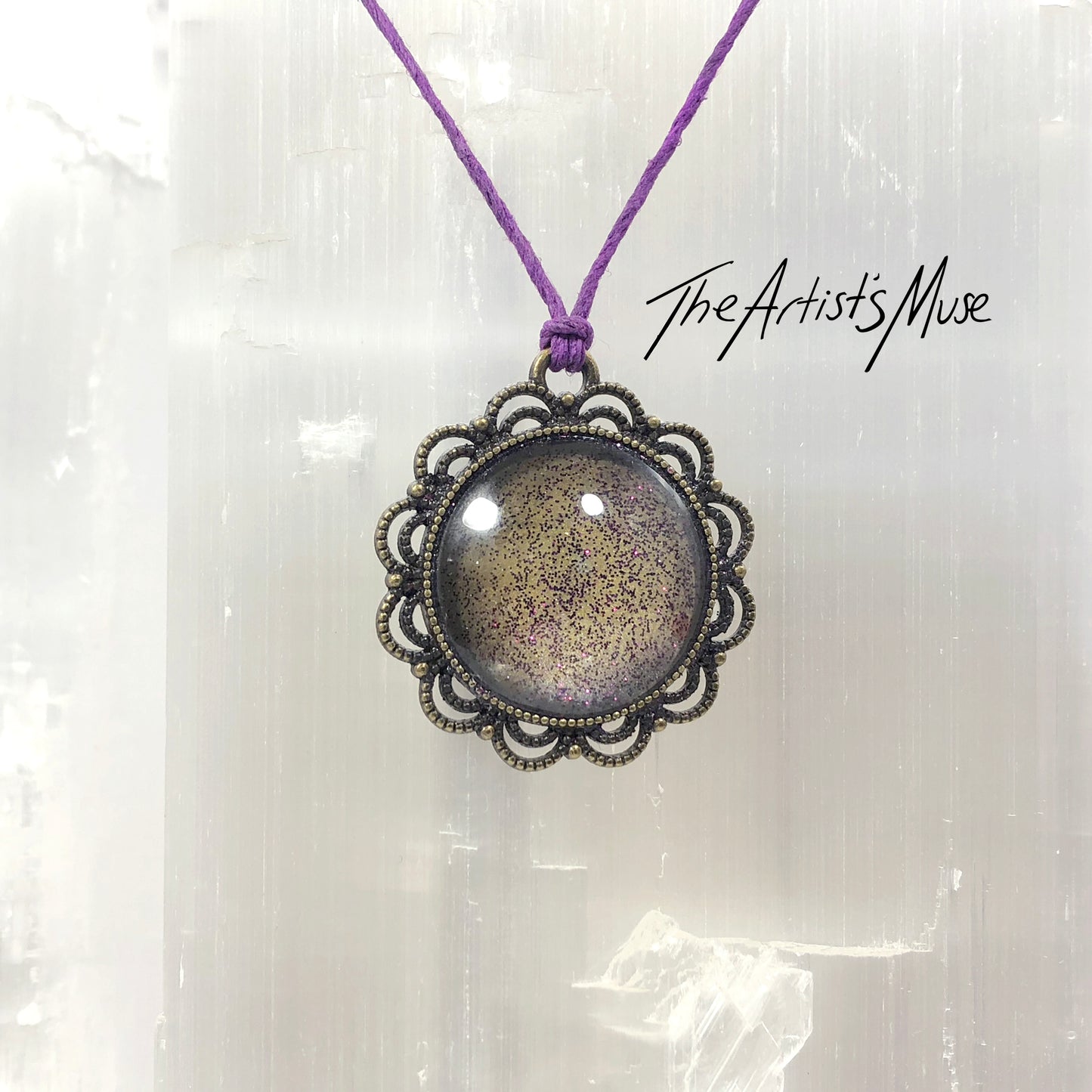 Pendant Necklace- antique gold background with dark purple glitter resin with glass dome finish