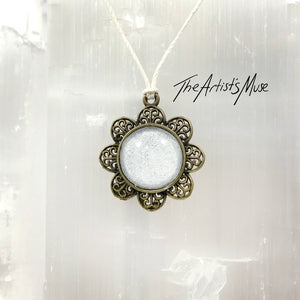 Pendant Necklace- White glitter resin with glass dome finish