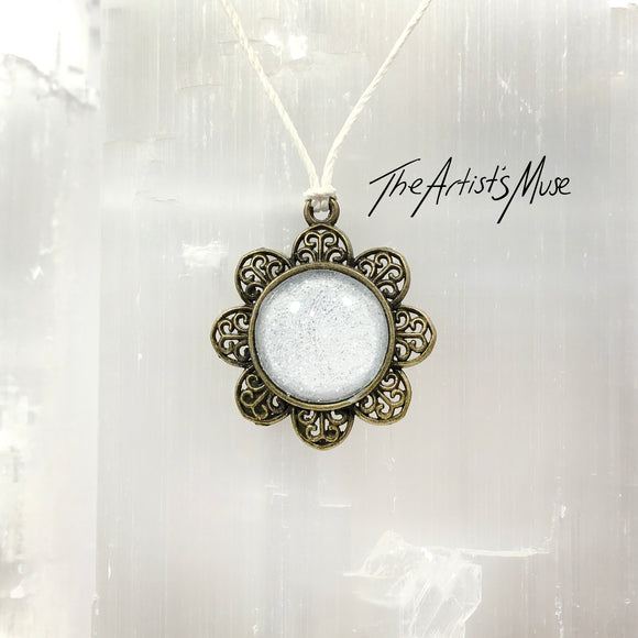 Pendant Necklace- White glitter resin with glass dome finish
