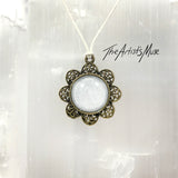 Pendant Necklace- White glitter resin with glass dome finish