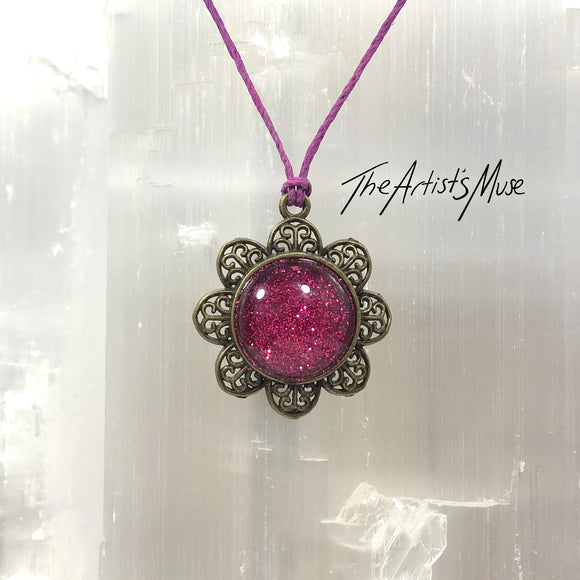 Pendant Necklace- Pink glitter resin with glass dome finish