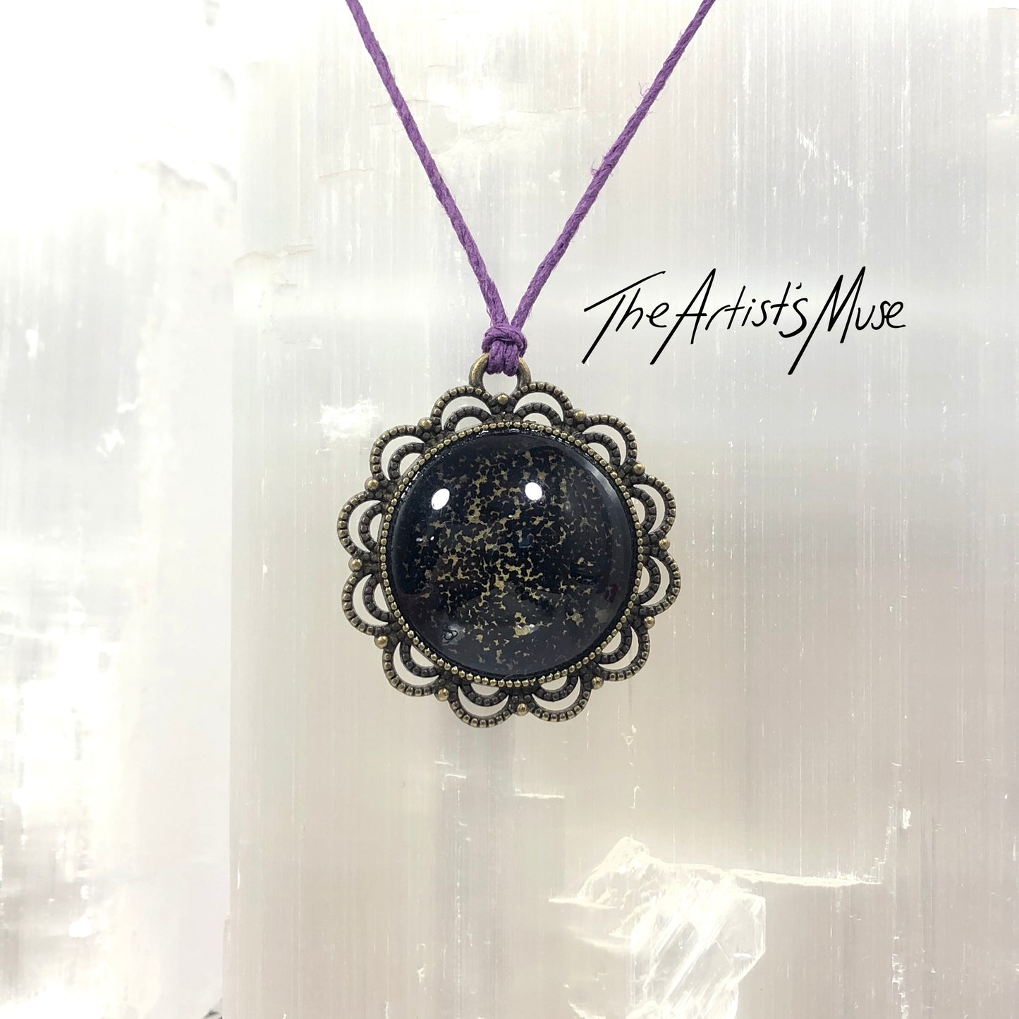 Pendant Necklace- flat black glitter with glass resin dome