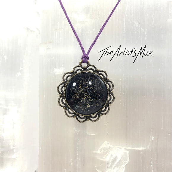 Pendant Necklace- flat black glitter with glass resin dome