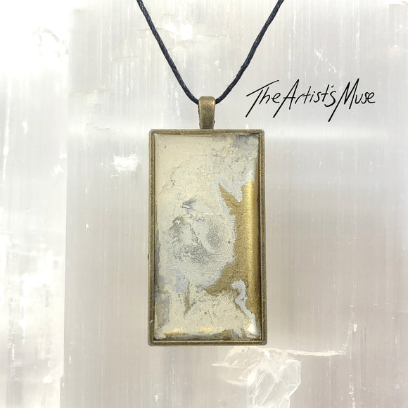 Resin Pendant Necklace- Warm white, silver and gold resin design