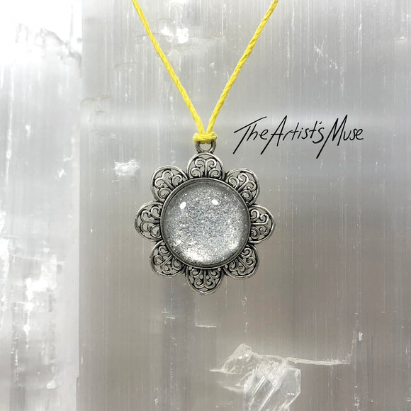 Pendant Necklace- silver glitter resin with glass dome finish