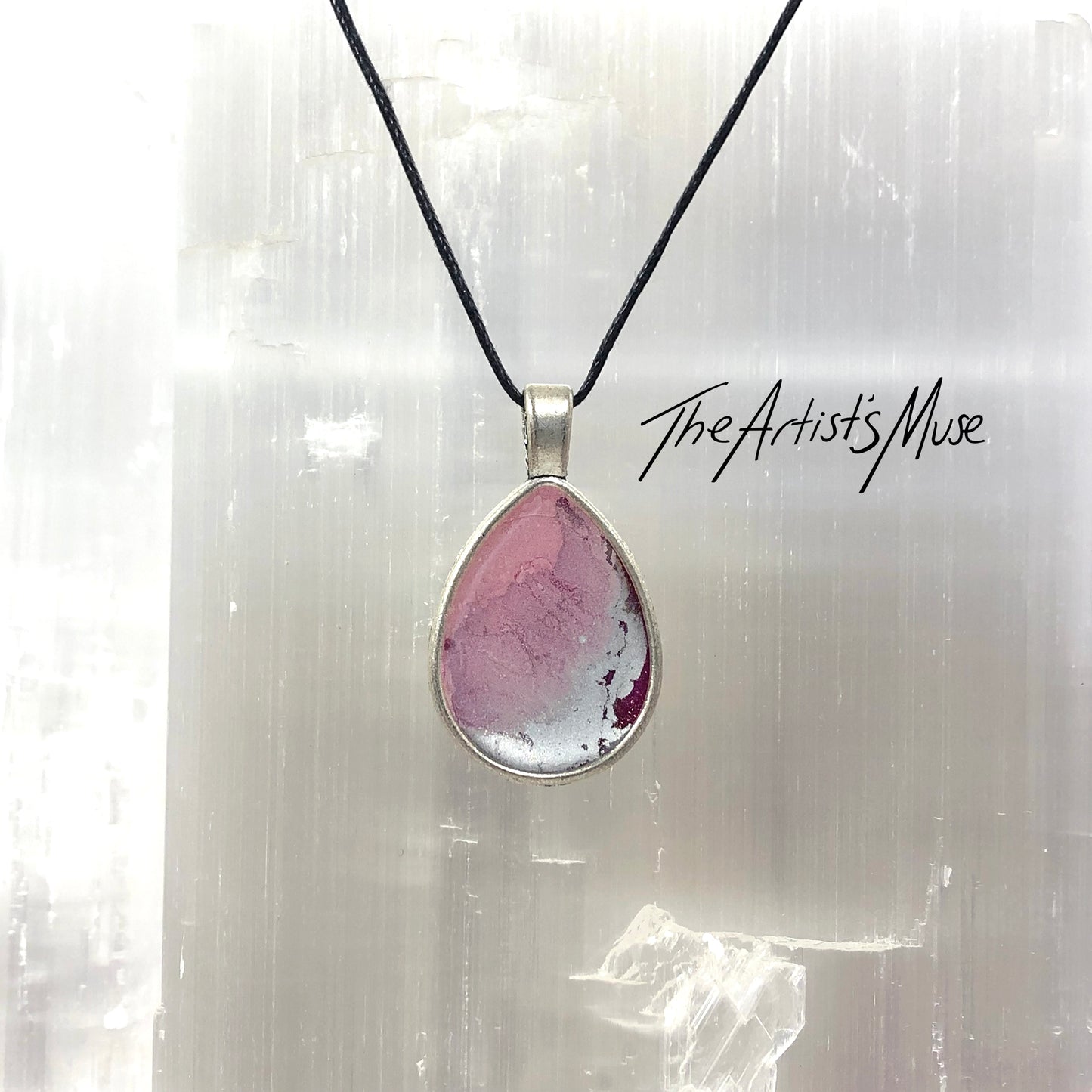 Resin Pendant Necklace- Soft pink, deep pink and silver resin design