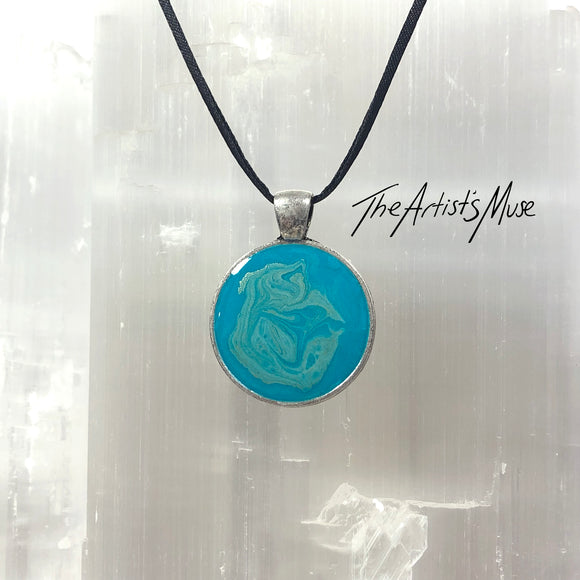 Resin Pendant Necklace- Aqua and pale gold resin design
