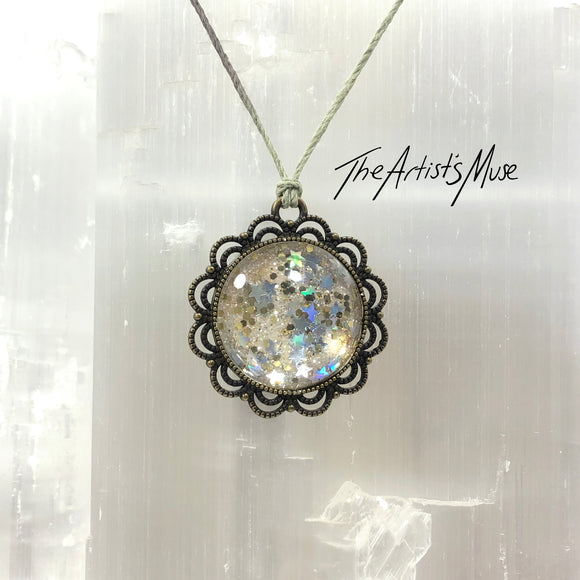 Pendant Necklace- gold and silver glitter with holographic stars