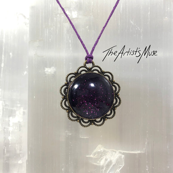 Pendant Necklace- Deep purple glitter with glass dome finish