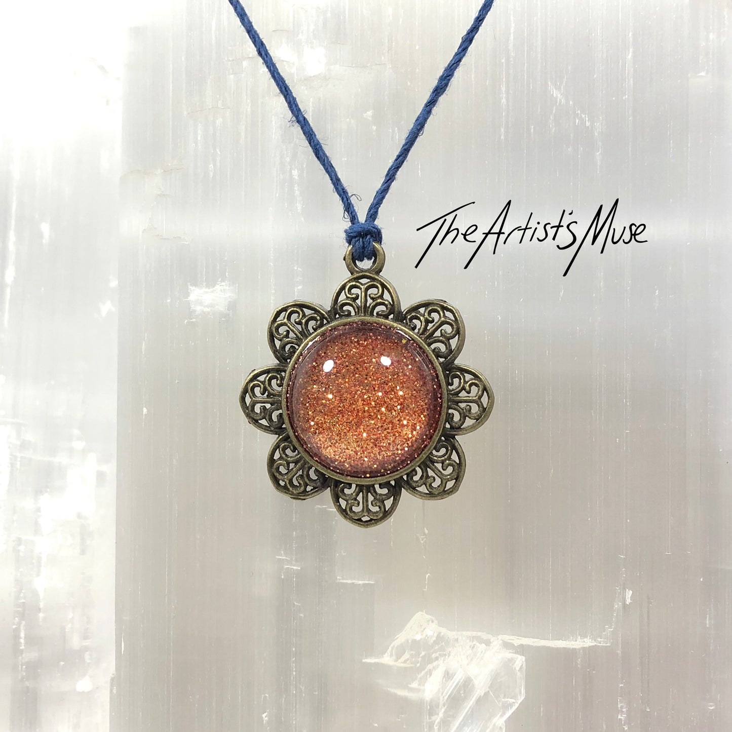 Pendant Necklace- burnt orange glitter resin with glass dome finish