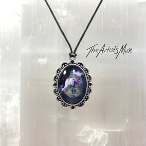 Pendant Necklace- Deep purple, white, green/gold design