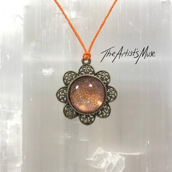 Pendant Necklace- peach holographic glitter resin with glass dome finish