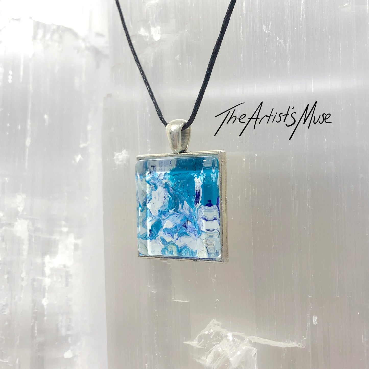 Pendant Necklace- Aqua, white and blue design with glass finish