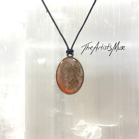 Resin Pendant Necklace- Orange and bronze resin design