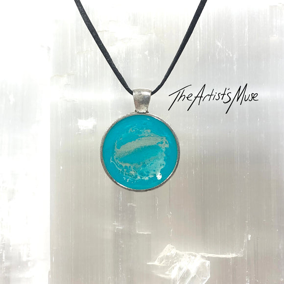 Resin Pendant Necklace- Aqua and silver resin design