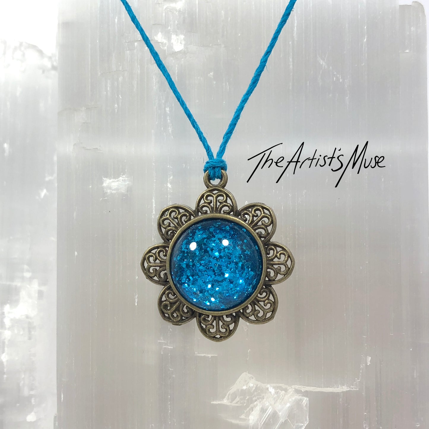 Pendant Necklace- Bright turquoise glitter resin with glass dome finish