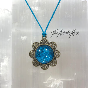 Pendant Necklace- Bright turquoise glitter resin with glass dome finish