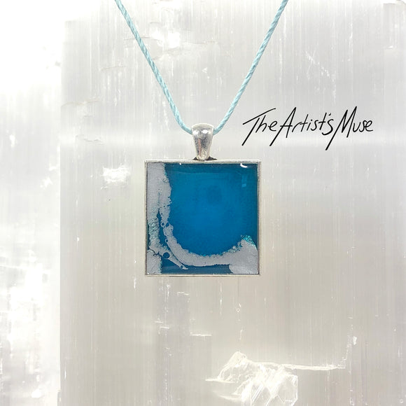 Resin Pendant Necklace- Blue/green and silver resin design